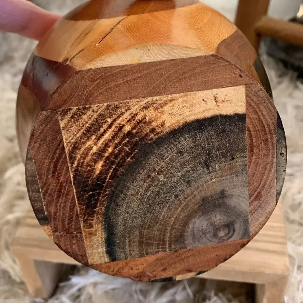 Decorative Handcrafted Wooden Vase Unsigned Made With Multiple Varieties Of Wood